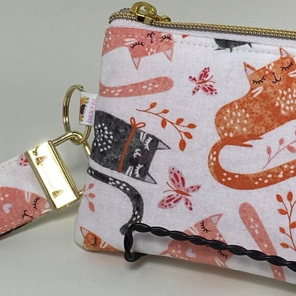 Cute Colorful Wristlet Coin Purse Wallet in Orange and Black Kitty Cat Print - Picture 2 of 6